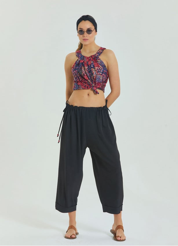 Adjustable Waist Black Women's Summer Trousers with Rope Detail 4583